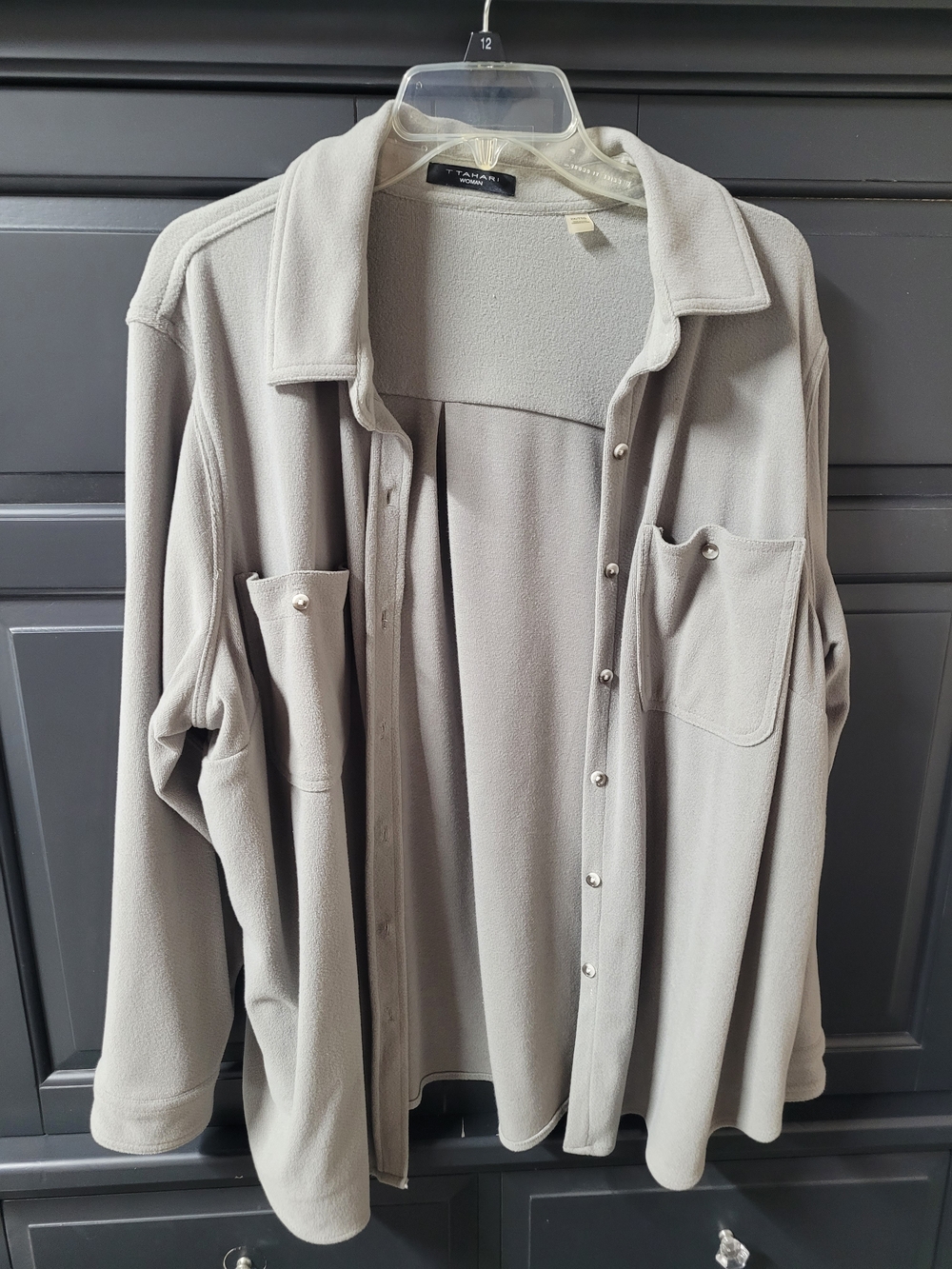 Tahari Light Gray Button-Up Fleece Shacket